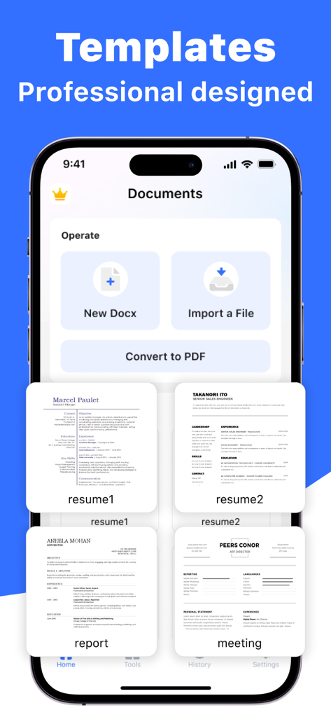 Documents - Create & Edit - Interfaccia dell'app Documenti che mostra modelli professionali per curriculum, report e note di riunione con strumenti di creazione di documenti.