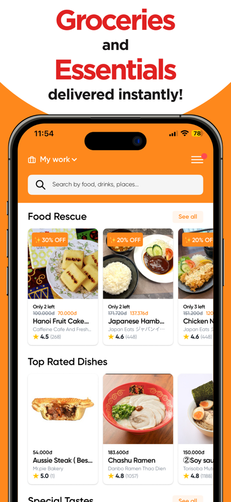 Capichi app interface showing Food Rescue discounts and Top Rated Dishes in Vietnam