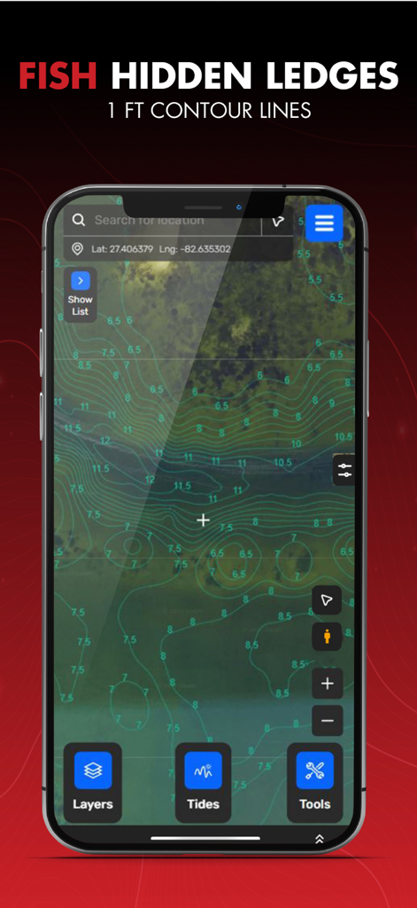 Salt Strong Smart Spots - A mobile screen showing the Salt Strong Smart Spots app displaying high-resolution 1ft contour lines for saltwater fishing.