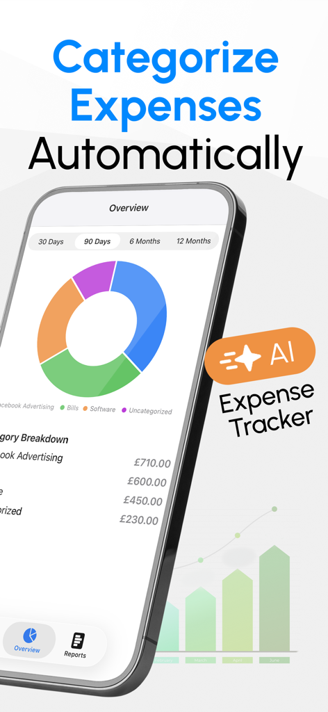 Receipt scanner app interface showing a donut chart of categorized expenses and an AI expense tracker badge.
