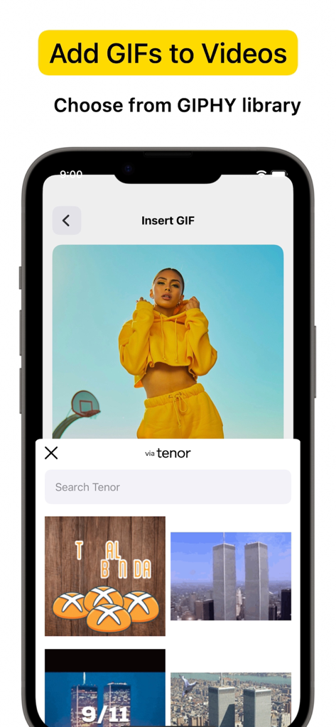 iPhone screen showing VideoCam plus app interface for inserting GIFs from a library into a video project