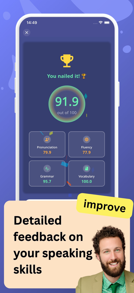Écran de l'application Hala montrant un feedback détaillé sur les compétences d'expression orale en anglais avec des scores pour la prononciation, la fluidité, la grammaire et le vocabulaire.