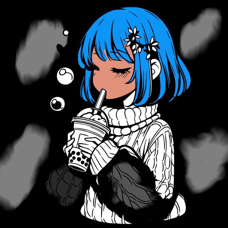 manga girl drinking boba in cozy sweater