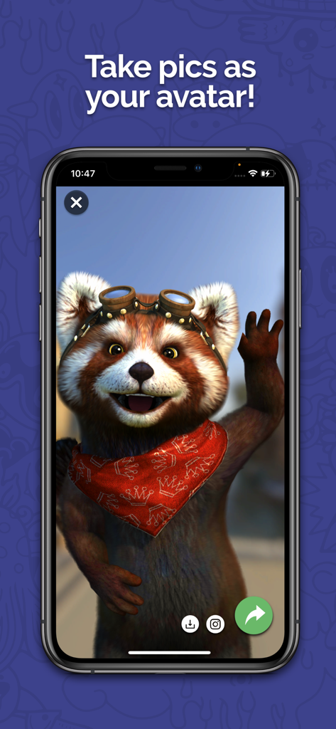 Interfaz de la aplicación Animaze que muestra un avatar de panda rojo con gafas steampunk saludando en una pantalla de captura de cámara.