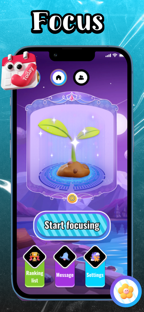 Focra app home screen featuring a seedling and a start focusing button with a cozy aesthetic.