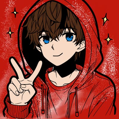 teenage manga boy in a hoodie, doing ✌