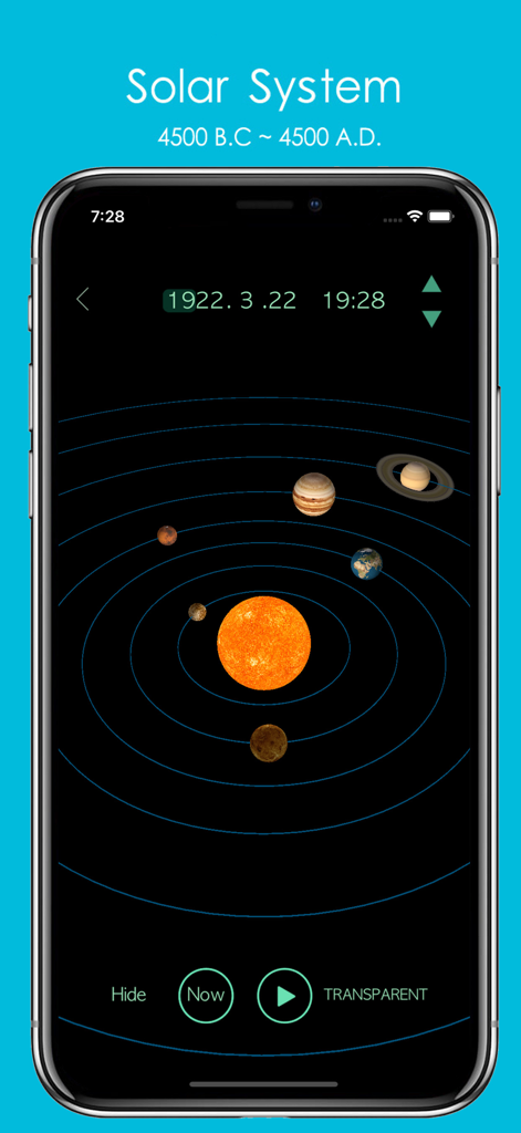 A 3D solar system visualization within the calendar app showing planetary orbits and positions for a specific historical date.
