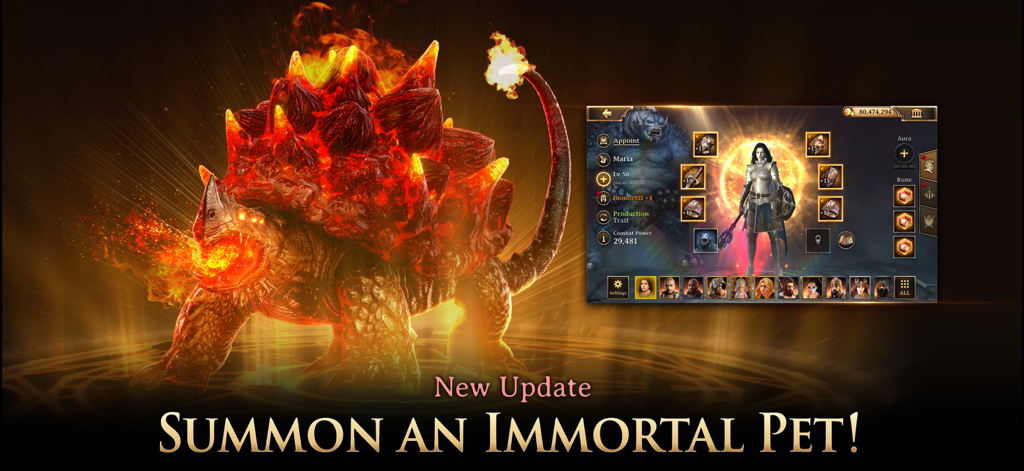 Promotional banner for the Rise of Firstborn game update featuring a giant fiery creature and hero equipment screen.