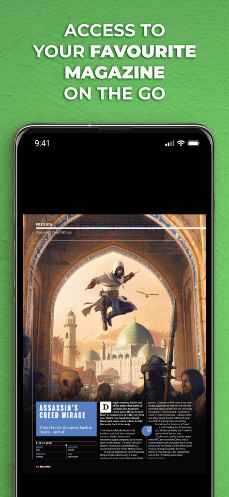 PC Gamer mobile app showing a digital magazine preview of Assassin's Creed Mirage