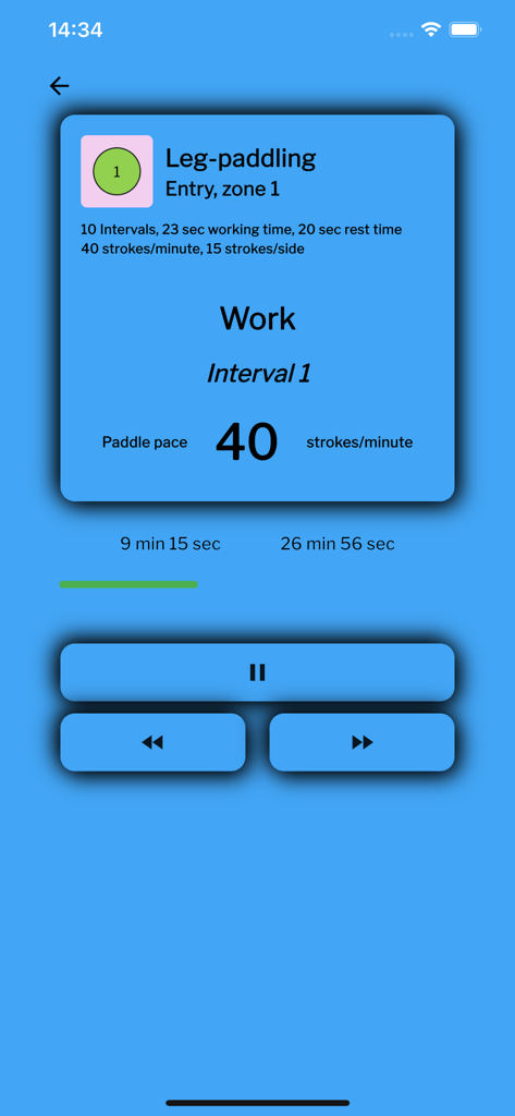 The Sup App - The Sup App의 운동 화면으로 분당 40회의 스트로크 속도를 표시하는 다리 패들링 인터벌 트레이닝과 재생 컨트롤 표시