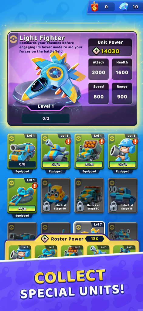 Grunt Rush: Battle & Conquer - Grunt Rush mobile game screen showing the unit collection and upgrade menu with a Light Fighter plane and tactical vehicles