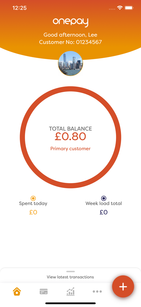 My OnePay - Pantalla de inicio de la aplicación móvil My OnePay que muestra el saldo total y el resumen de gastos