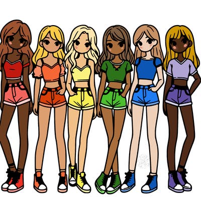 a group of girls wearing crop tops and shorts
