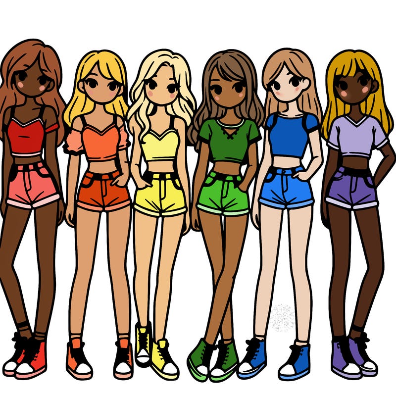 a group of girls wearing crop tops and shorts