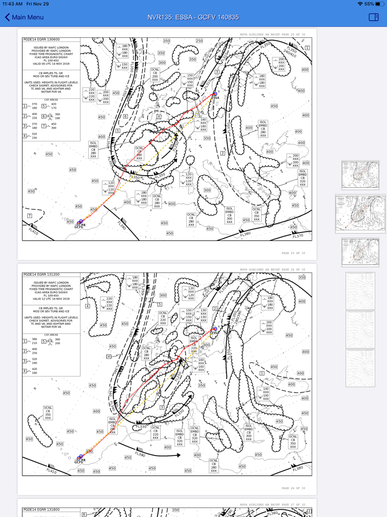 Flight Briefing - Gráficos meteorológicos significativos e detalhes da rota de voo exibidos no aplicativo Briefing de Voo em um iPad.