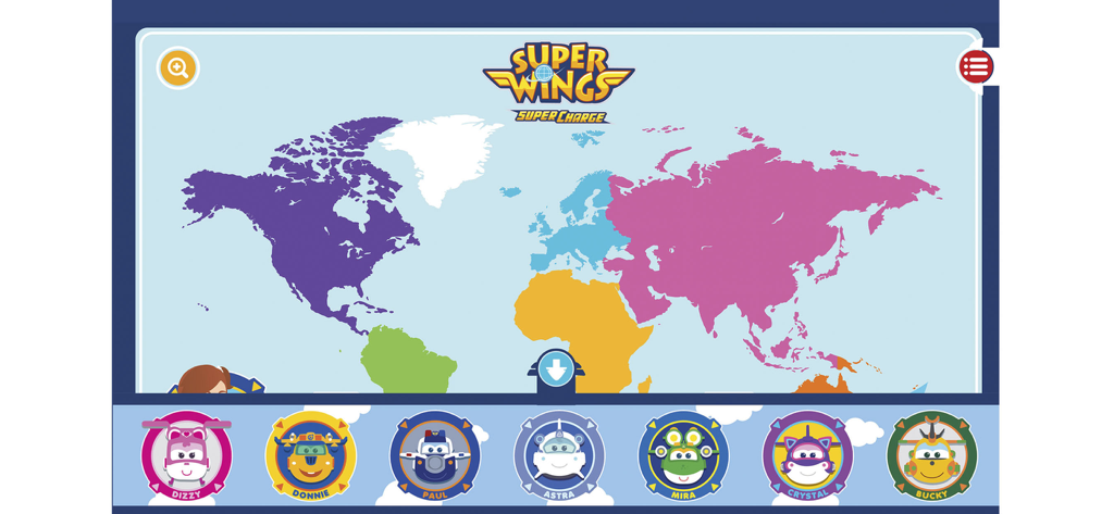 Super Wings - It's Fly Time - Mapa mundial que muestra continentes de colores e íconos de personajes de Super Wings, incluidos Dizzy, Donnie y Astra