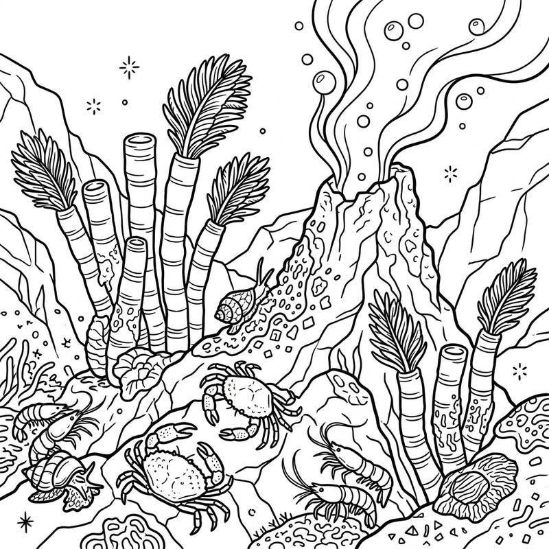 Uncover the unique beauty of life thriving in the ocean's depths with this intricate hydrothermal vent organisms coloring page. It features fascinating creatures like giant tube worms, crabs, and shrimp, ready for your creative touch.