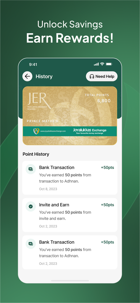 Joyalukkas Exchange - Bildschirm mit der Historie der Prämienpunkte der Joyalukkas Exchange App, der Gesamtpunkte und Transaktionsdatensätze anzeigt