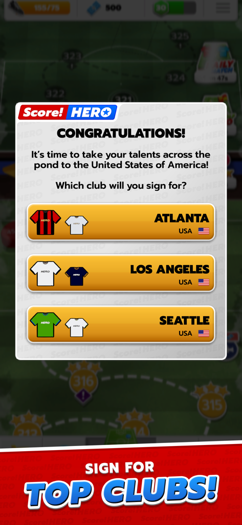 Una pantalla del juego en Score! Hero que muestra opciones para fichar por los mejores clubes de fútbol de EE. UU. como Atlanta, Los Ángeles y Seattle.