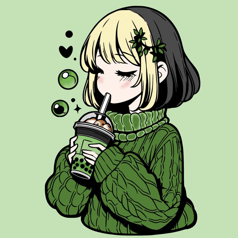 manga girl drinking boba in cozy sweater