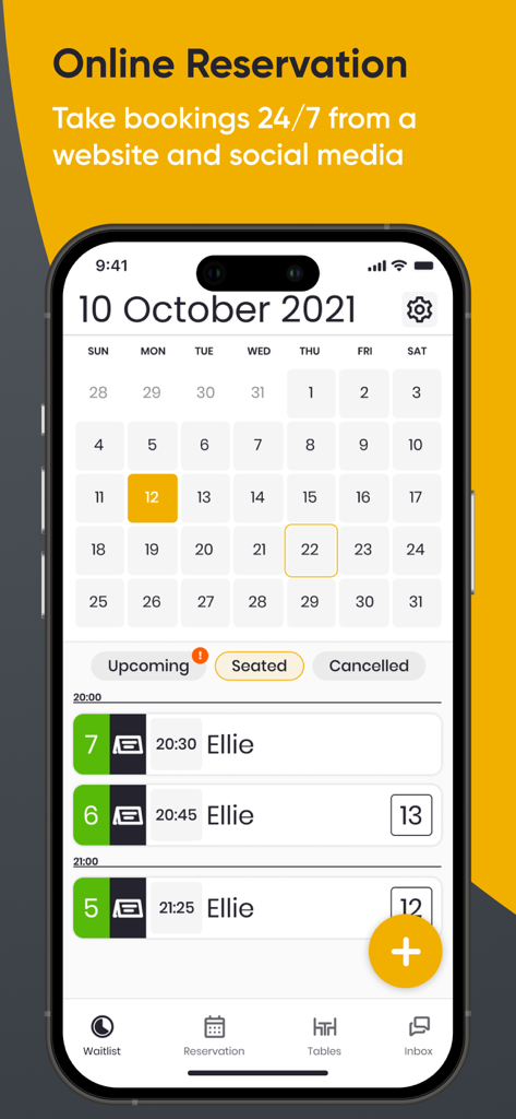 Oberfläche der Carbonara App, die einen Kalender und eine Liste von Restaurantreservierungen mit Buchungsdetails anzeigt.