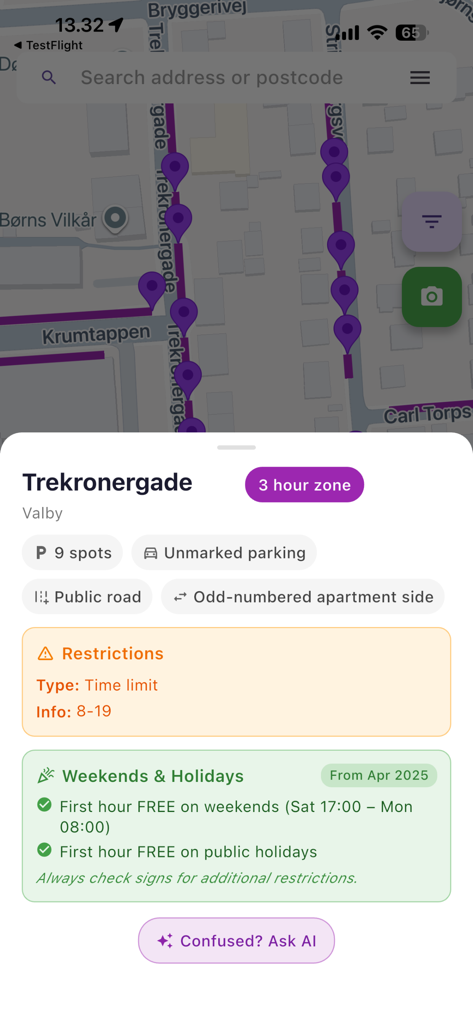 Legal Parking - Map view and parking regulations for a 3 hour zone in Copenhagen