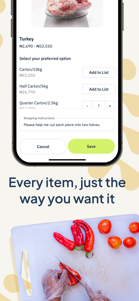 GoLemon: Grocery & Essentials - GoLemon app interface showing turkey selection with custom shopping instructions and a person cutting vegetables