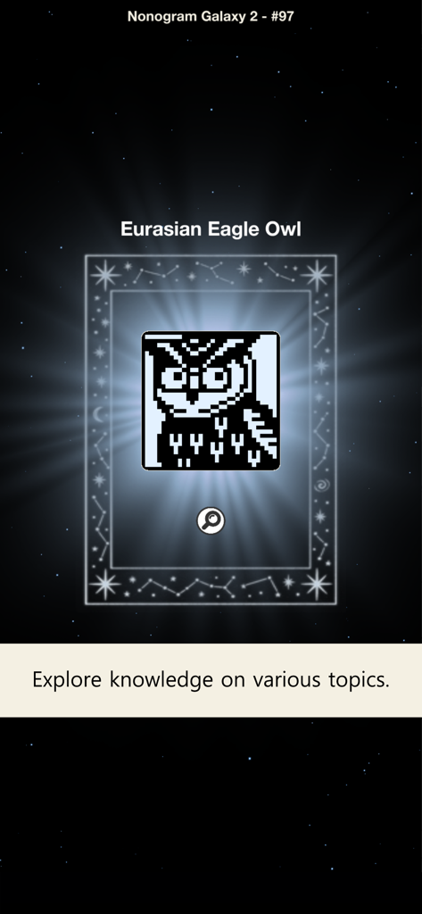 Nonogram galaxy 2 - Thema - Puzzle nonogram completato di pixel art di un Gufo Eurasiatico su uno sfondo stellato.