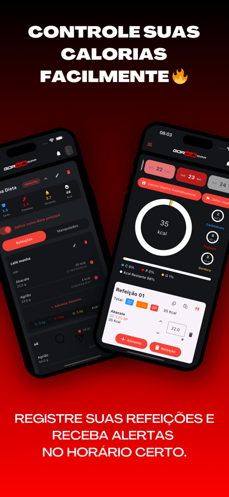 GorgoApp - Interface do GorgoApp em dois smartphones mostrando metas de calorias, porcentagens de macronutrientes e entradas de refeições.