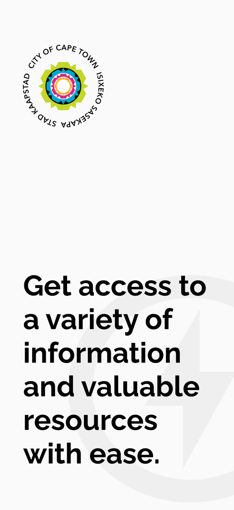 City of Cape Town - Pantalla de inicio de la aplicación de la Ciudad del Cabo mostrando el logo de la ciudad y texto introductorio sobre el acceso a recursos