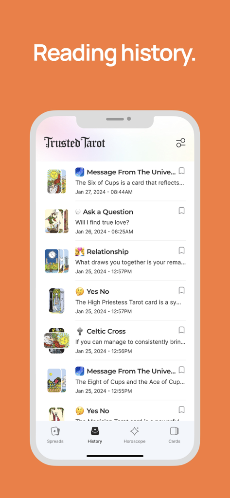 A screen displaying a list of previous tarot readings including Ask a Question, Relationship, and Celtic Cross spreads in the Trusted Tarot app.