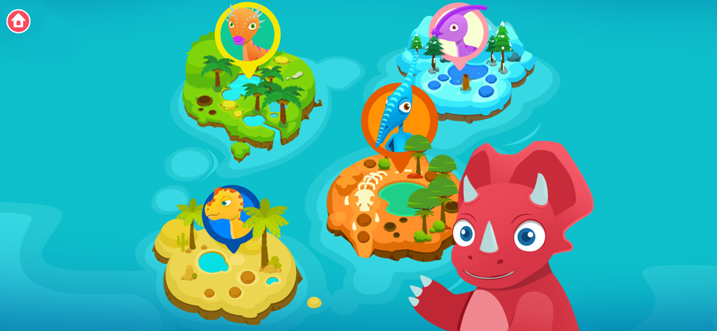 Dinosaur Park - Games for kids - 恐竜パークゲームの選択画面。テーマ別の4つの島とフレンドリーな赤いトリケラトプスが表示されている。