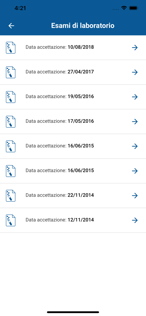 A list of laboratory test results by date in the Toscana Salute mobile application