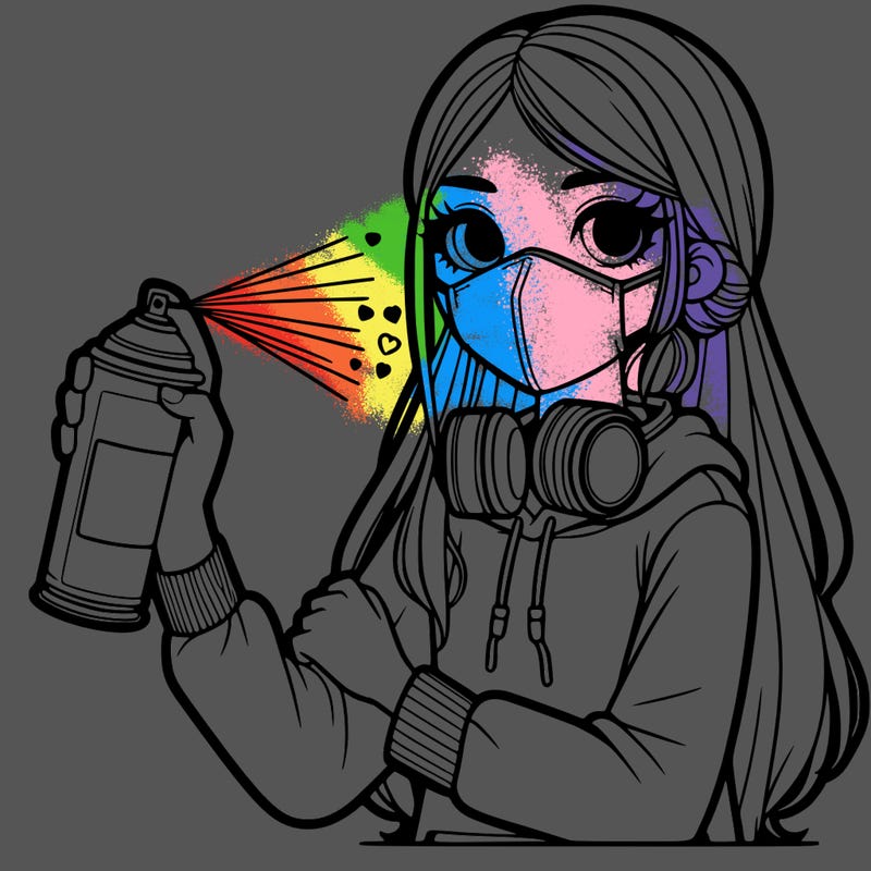 a girl wearing a mask, holding a can of spray paint with spray paint on her clothes and long hair