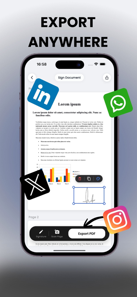 InkSign: Signature Maker - A smartphone screen displaying a signed document with icons representing the ability to export and share via various social media apps