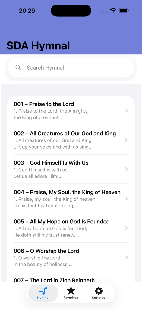 Official Adventist Hymnal - Pantalla principal de la aplicación Himnario Adventista Oficial mostrando una lista de himnos con funcionalidad de búsqueda
