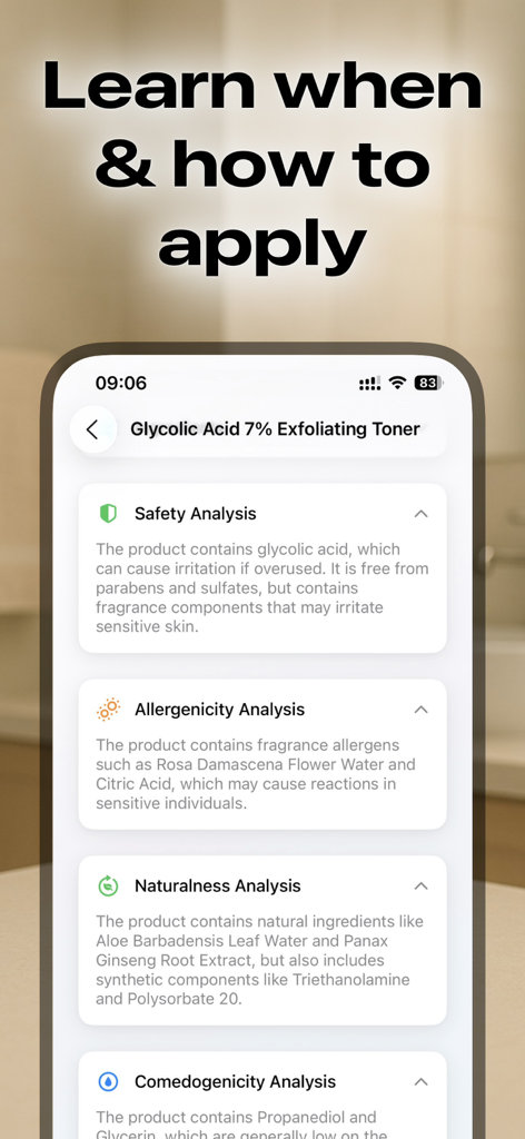 Cosmetic Scanner: CosmiqAI - A mobile app screen from CosmiqAI showing a detailed ingredient analysis including safety allergens and naturalness for a glycolic acid toner