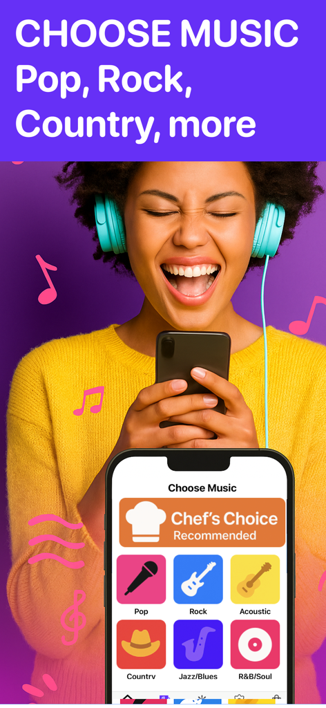 Song Chef - A happy woman with headphones using the Song Chef app to choose from various music genres like pop rock and country
