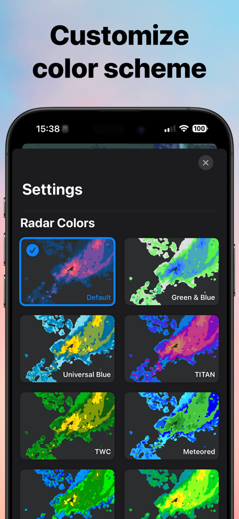 Un menú en la aplicación Widget de Radar Meteorológico que muestra varias opciones de esquemas de color para el mapa de radar en vivo.