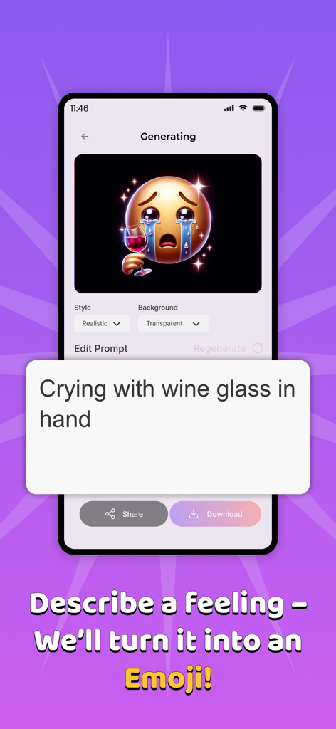 AI Emoji Maker. - AI Emoji Maker app generating a custom crying face with a wine glass emoji based on a text prompt