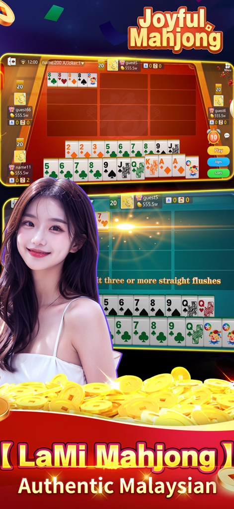 Joyful Mahjong - Lami、Casino - Interface du jeu mobile Joyful Mahjong montrant le gameplay authentique malaisien de Lami avec des cartes et des pièces d'or.