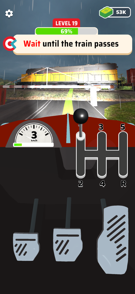 A manual transmission driving simulator showing clutch pedals and gear stick while waiting at a train crossing.