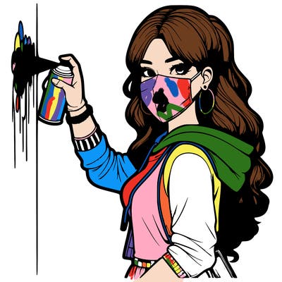 realistic girl with mask spray painting a wall