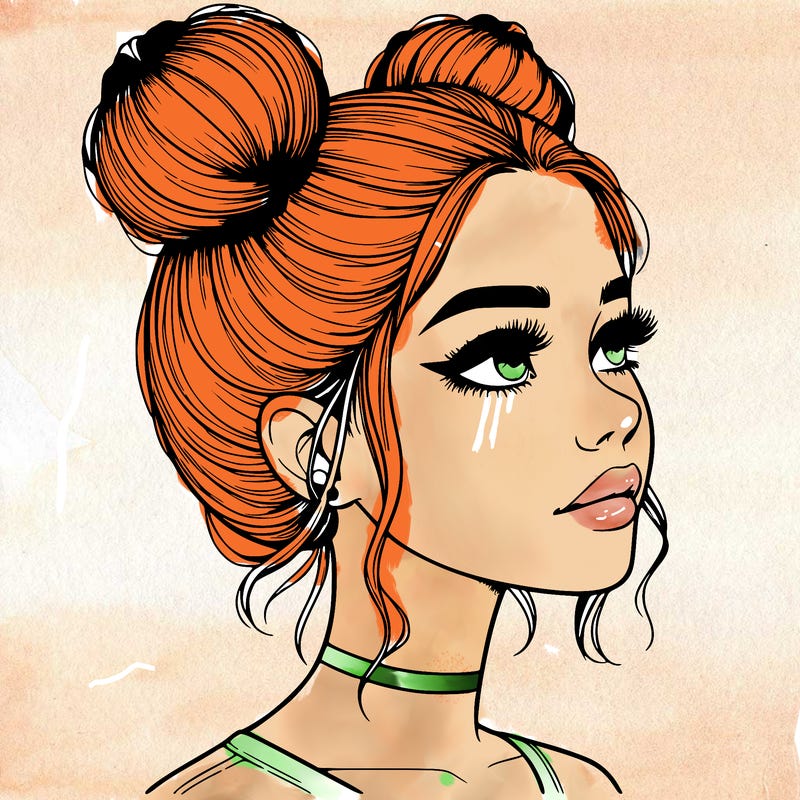 realistic girl with buns on the top of her head