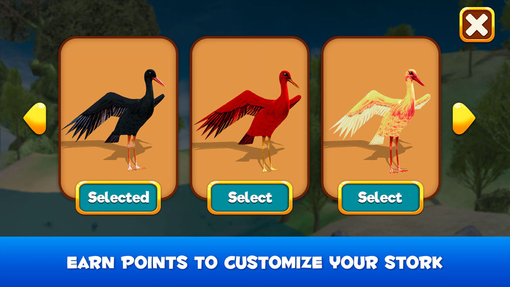 Stork Simulator 3D: Flying Bird Life - Selection screen showing three different colored stork skins to customize in the bird simulator game