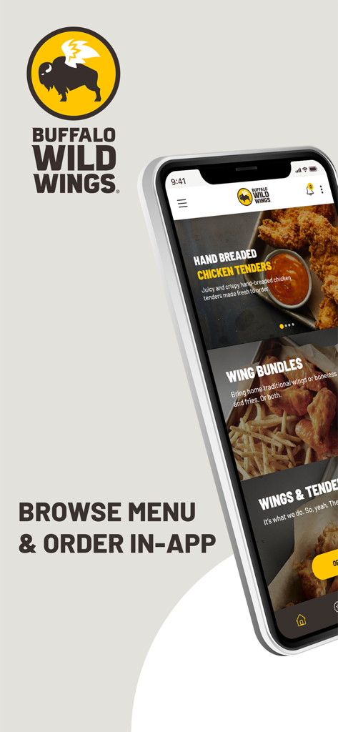 BWW International - Buffalo Wild Wings 모바일 앱 화면에서 메뉴 탐색 및 윙 및 텐더 주문