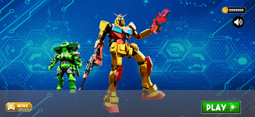 Main menu screen of the robot transformation game featuring two futuristic combat robots with weapons