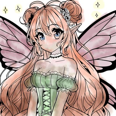 anime style beautiful fairy with big wings and long hair