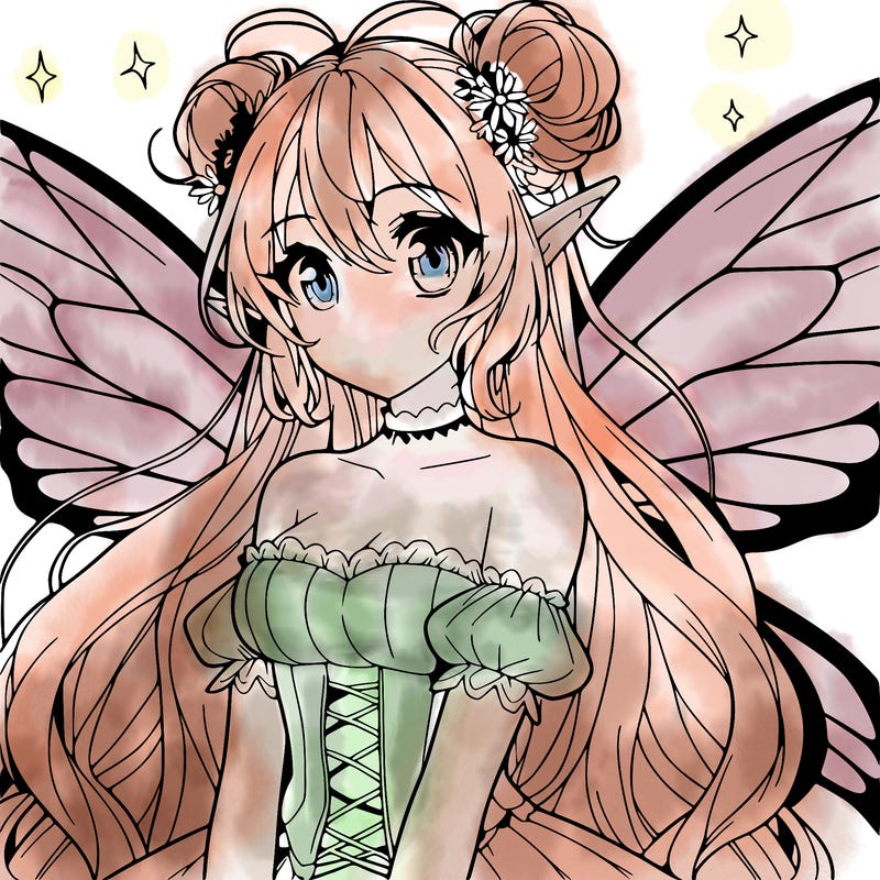 anime style beautiful fairy with big wings and long hair