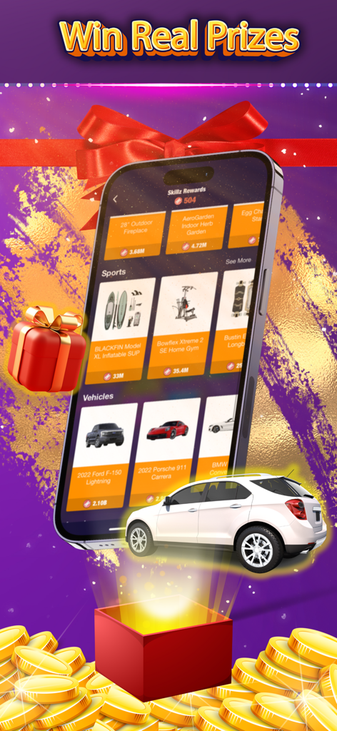 Block Puzzle Win Real Money - 「リアル賞品を獲得」というテキストの下に、車やスポーツ用品のような高額賞品が表示された報酬ストアを表示するスマートフォン。